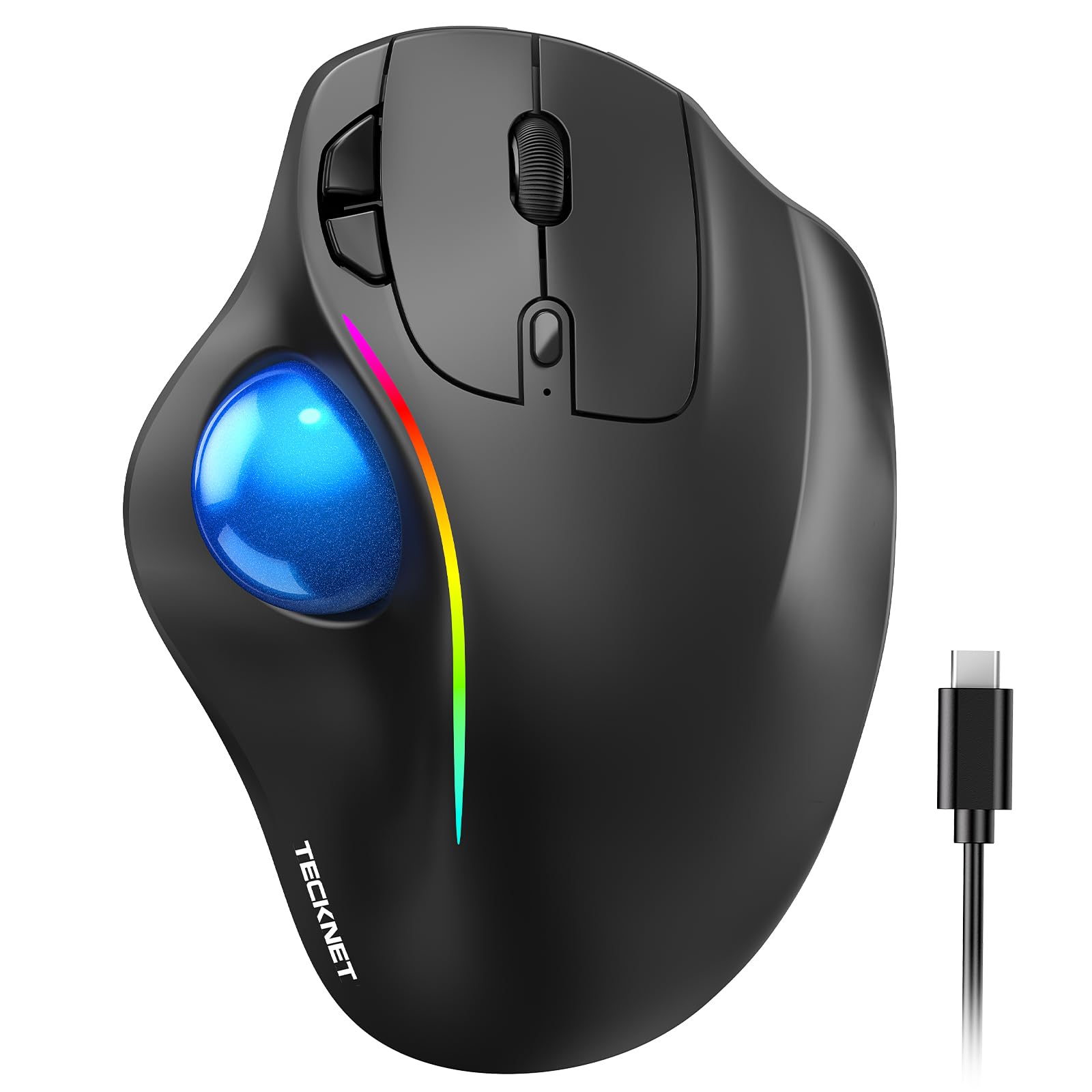 Photo 1 of TECKNET Pro Wireless Trackball Mouse, Bluetooth Mouse with Ergonomic Thumb Control, USB-C Rechargeable, RGB Light Mice with Adjustable DPI, 3-Device Connectivity (BT or 2.4G),for PC/Mac/Laptop - Black