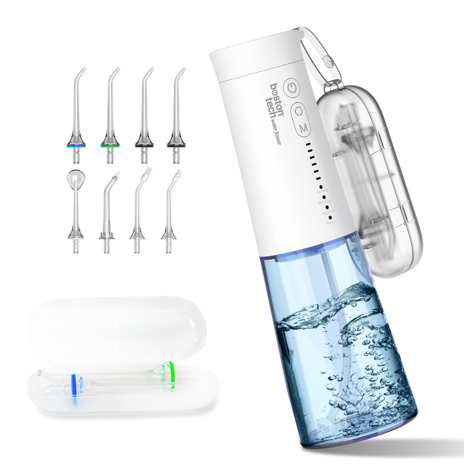 Ultracare One idropulsore dentale professionale della famiglia Aquapik. 4 modalità, 6 livelli di pressione. 8 ugelli. Serbatoio dell'acqua da 250 ml. Ricaricabile tramite USB. Borsa da viaggio inclusa