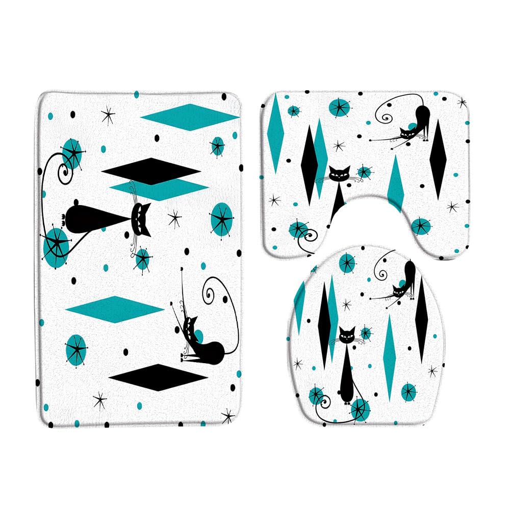 Mid Century Black Cat 3 Pcs Bath Rugs Set,Atomic Starbursts Cat Modern Abstract Geometric Pattern 1950s 60s Retro Teal Bathroom Kitchen Rug with 16