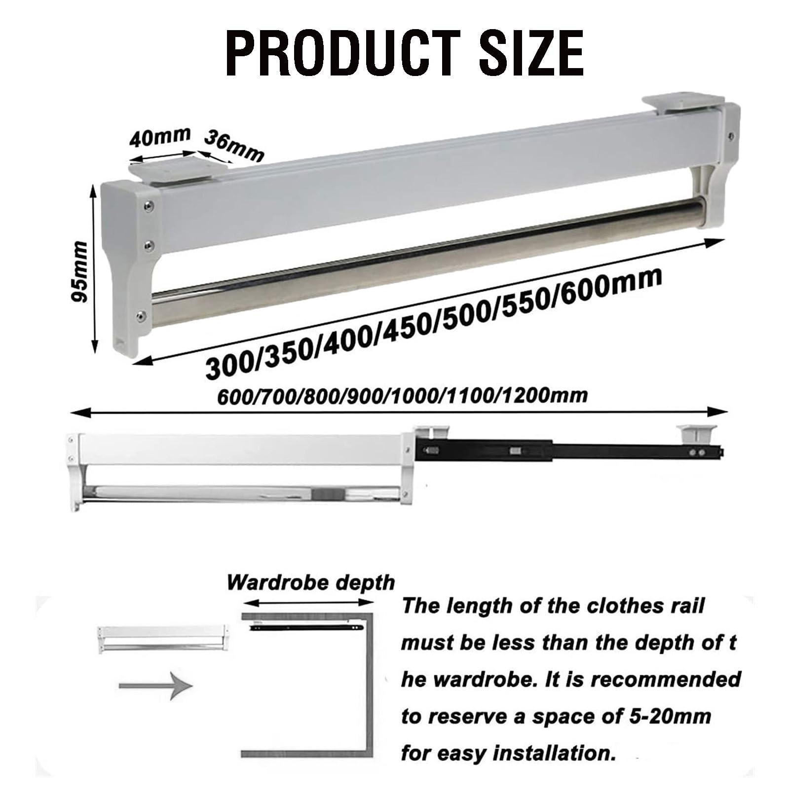 Appendiabiti Estraibile per Pantaloni, Asta Appendiabiti telescopica 30-60 cm, Asta Appendiabiti Estraibile in Acciaio Resistente per riporre i Pantaloni in Modo salvaspazio, Supporta 25 kg