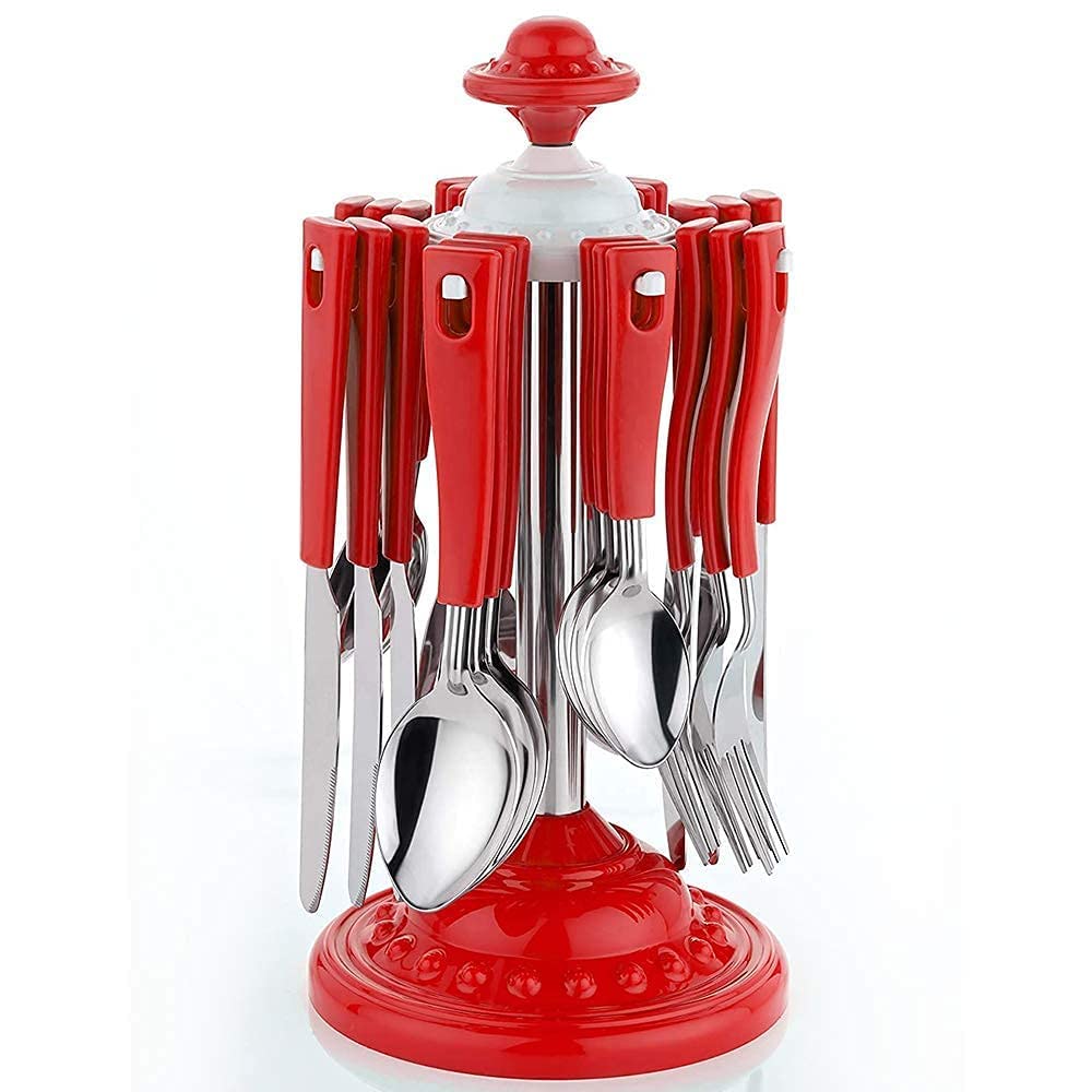Antusias - Super Cutlery Set for Dining Table with Stand-24 Piece Stainless Steel with Plastic Cutlery Set- 6 Table Spoons, 6 Tea Spoons, 6 Forks, 6 Dessert Spoons (Red, Super Cutlery Set)