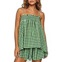 2 Piece Gingham Outfit Women Y2k Spaghetti Strap Cami Top Shorts Pajama Set