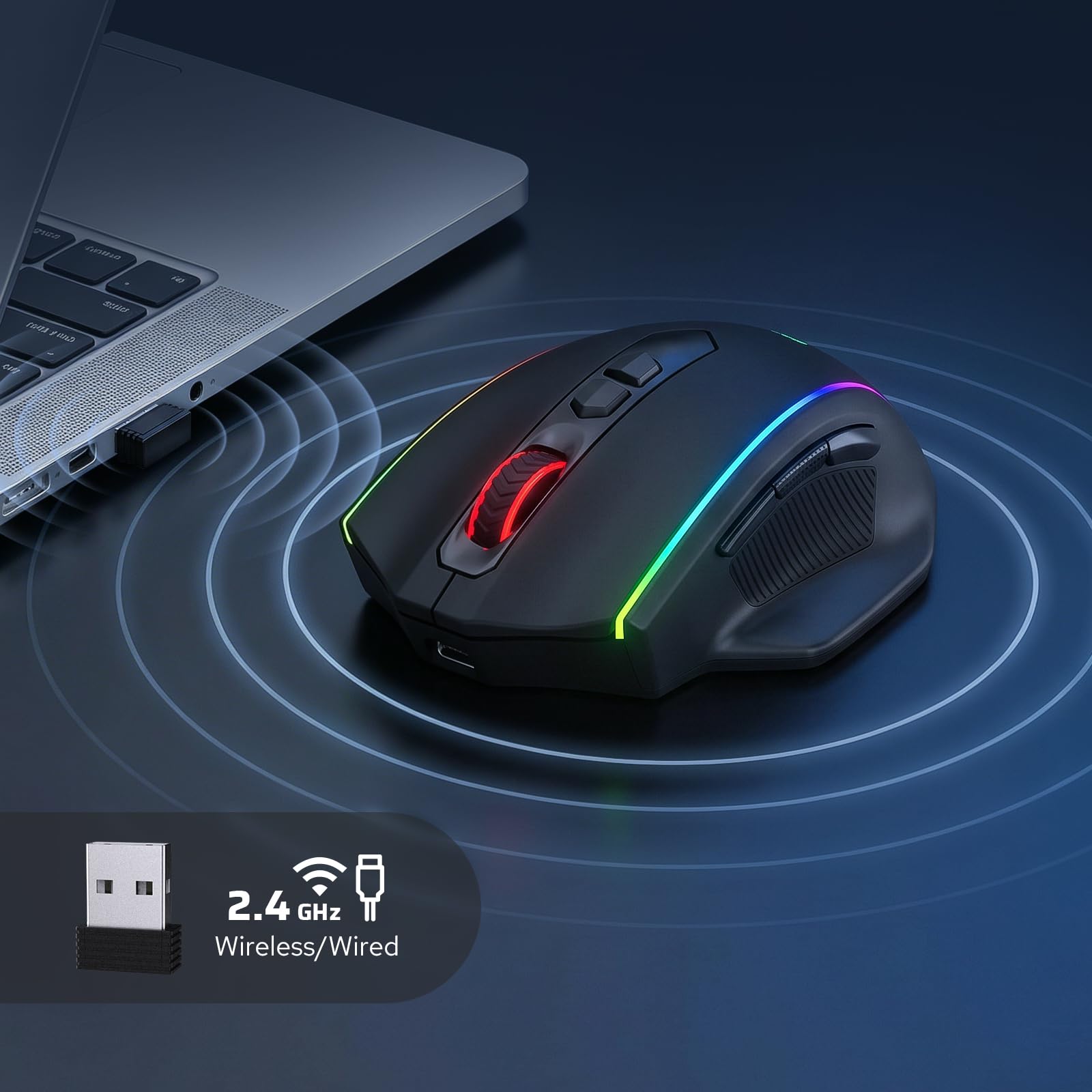 Redragon M686 Ratón inalámbrico para juegos, mouse para juegos con cable / inalámbrico de 16000 DPI con sensor profesional, capacidad de 45 horas, macro personalizable y retroiluminación RGB