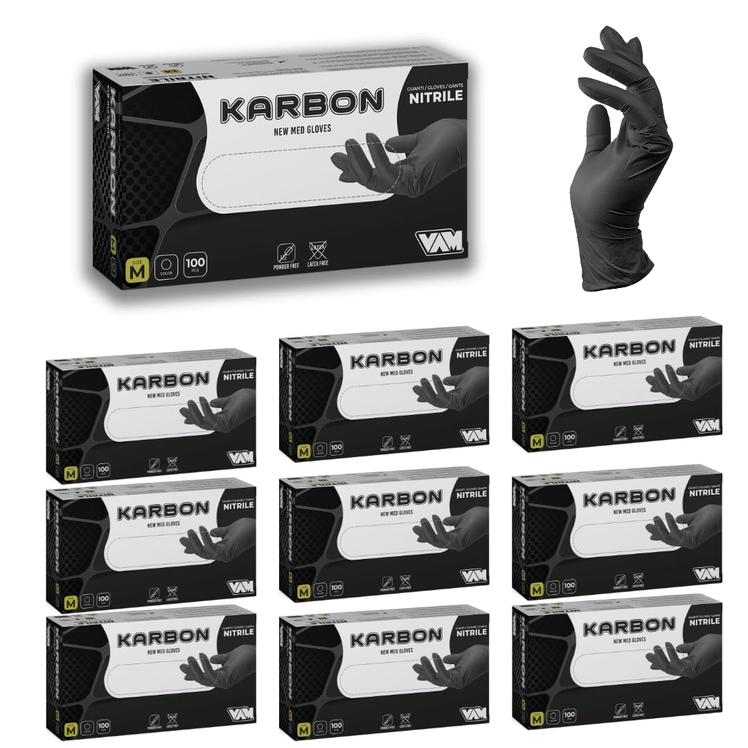 VAM KARBON Guantes de nitrilo negros 5,5 gramos extra gruesos 50% más gruesos que nuestro guante ONIX ideales Estética, HO.RE.CA.,Industria,Tatuadores (1000, L)