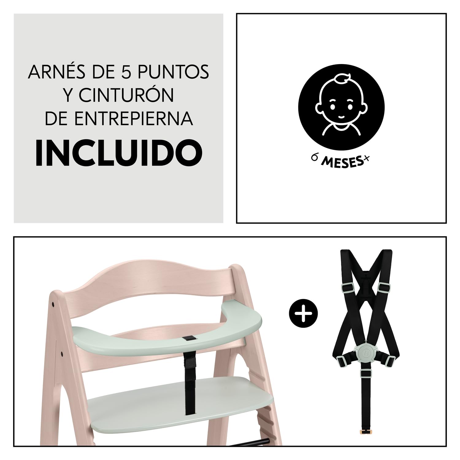 hauck Arketa N Play Trona de Bebé de Madera FSC®, Whitewashed Mint | Altura Ajustable 13 Posiciones, Incluye Bandeja Play Tray, Cinturón y Barra Delantera, Desde 6 Meses hasta 130 kg