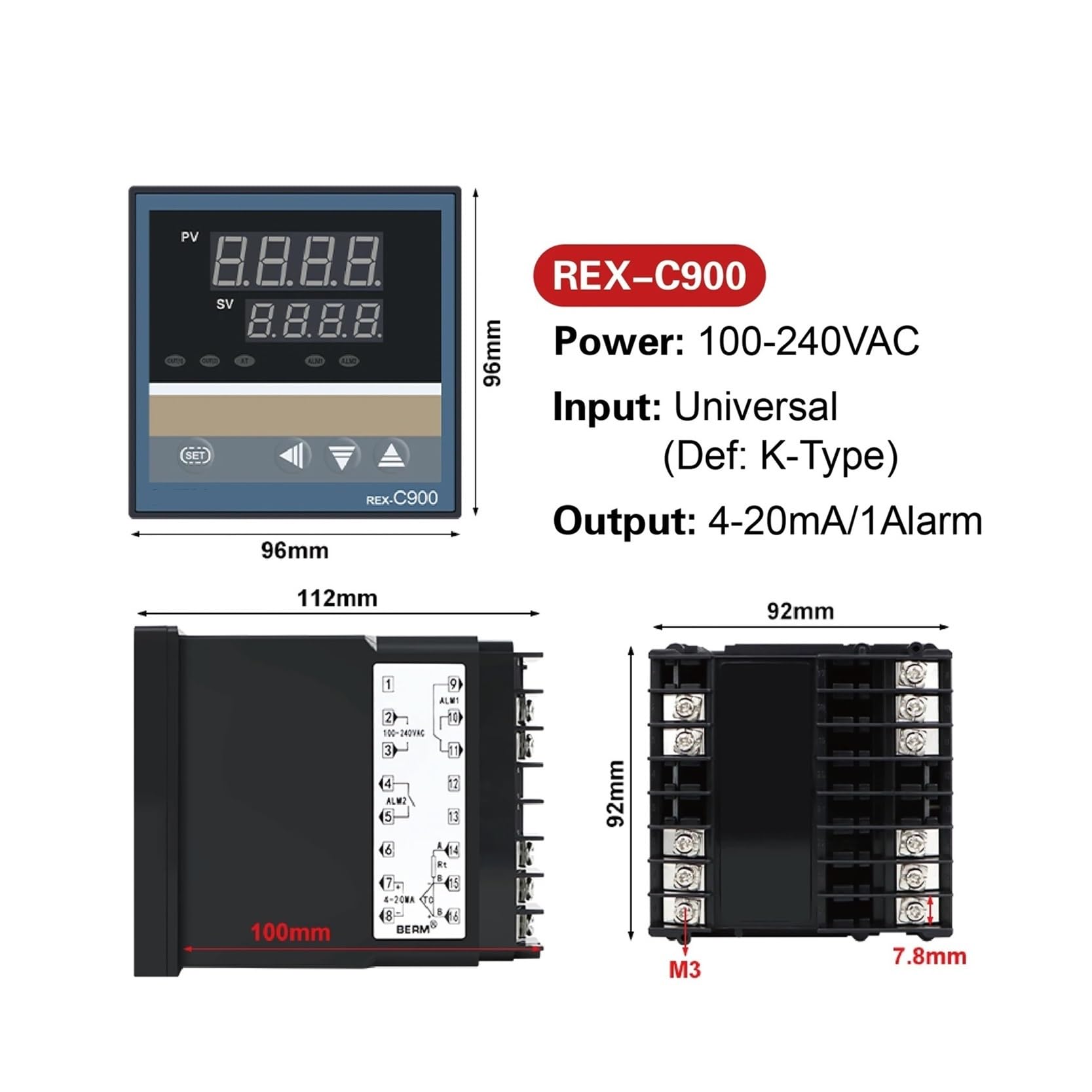 Controlador de temperatura PID digital C900 8AN con entrada universal y salida de 4-20 mA, relé de estado sólido