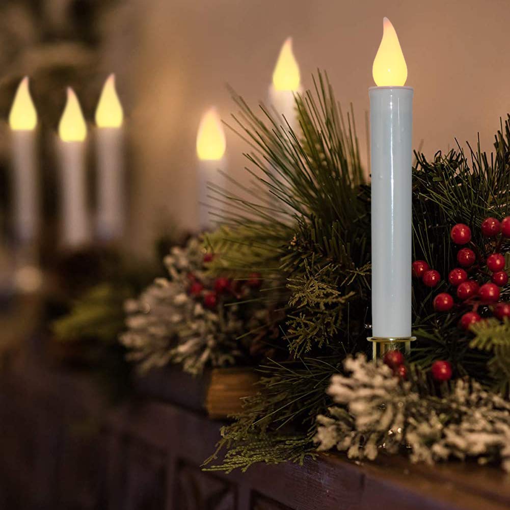 Velas de Navidad para ventana, temporizador automático, luces LED parpadeantes con base dorada (temporizador de 6/18 horas), velas LED de 9 pulgadas que funcionan con pilas para decoración de 7