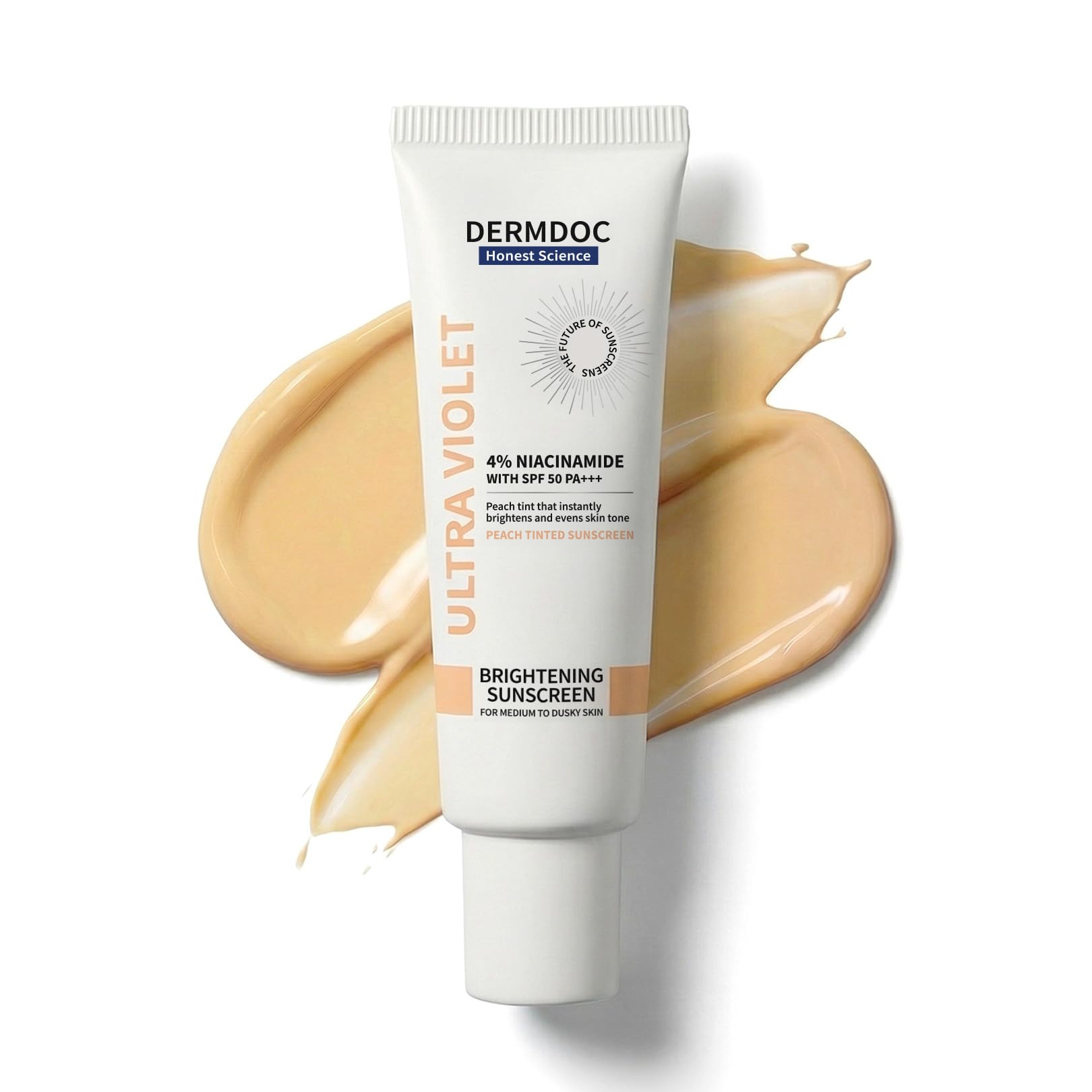 DERMDOC SPF 50 Ultra Violet Brightening Tinted Sunscreen with 4% Niacinamide, 50 gm | PA +++ | With Peach Tint | Lightweight | UVA & UVB Protection | For Medium To Dusky Skin | Improves Skin Texture | Breathable & Weightless Finish-image-2