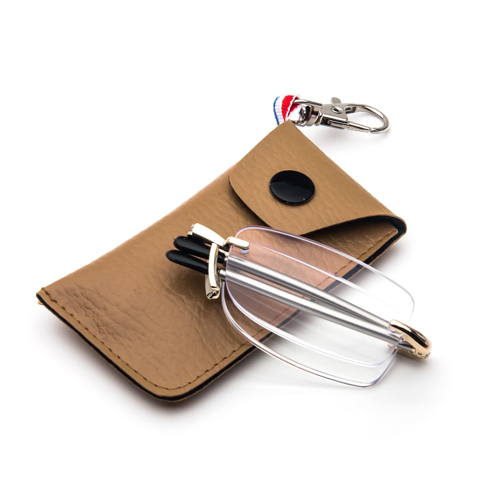 KoKoBin Gafas de lectura sin montura plegables para hombre y mujer con varilla telescópica y funda de cuero llavero Gafas portátiles anti luz azul