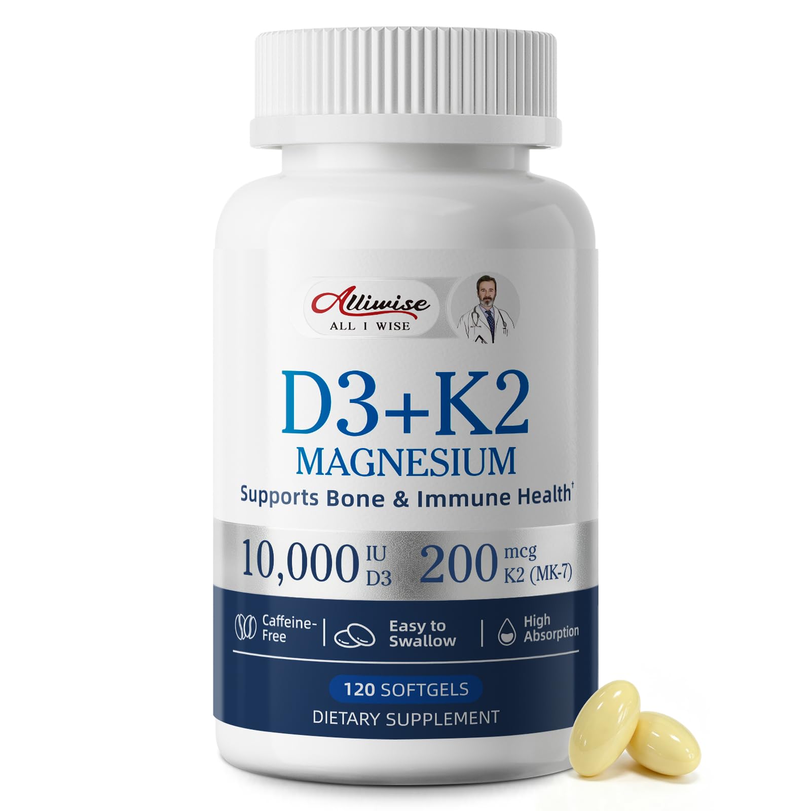 Alliwise D3 K2 Vitamin 10000 IU with Magnesium Complex Softgels, 120 Count