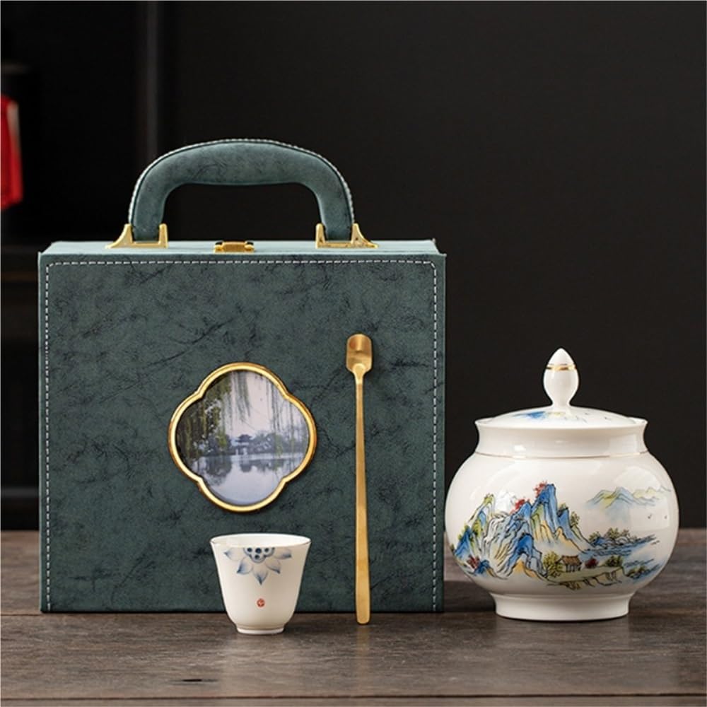 Lata de té Recipiente de Porcelana Blanca for almacenar té Suelto, Tarro cerámica Sellado, Juego Chino, Caja Regalo con Frasco Individual o Doble Carrito de té(Single Can)