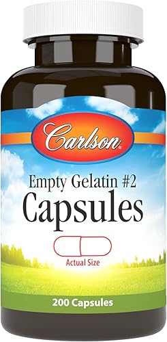 Carlson - Cápsulas vacías de gelatina #2, tamaño #2, cápsulas de gelatina vacías, fáciles de separar y llenar, cápsulas vacías, cápsulas de gel, 200