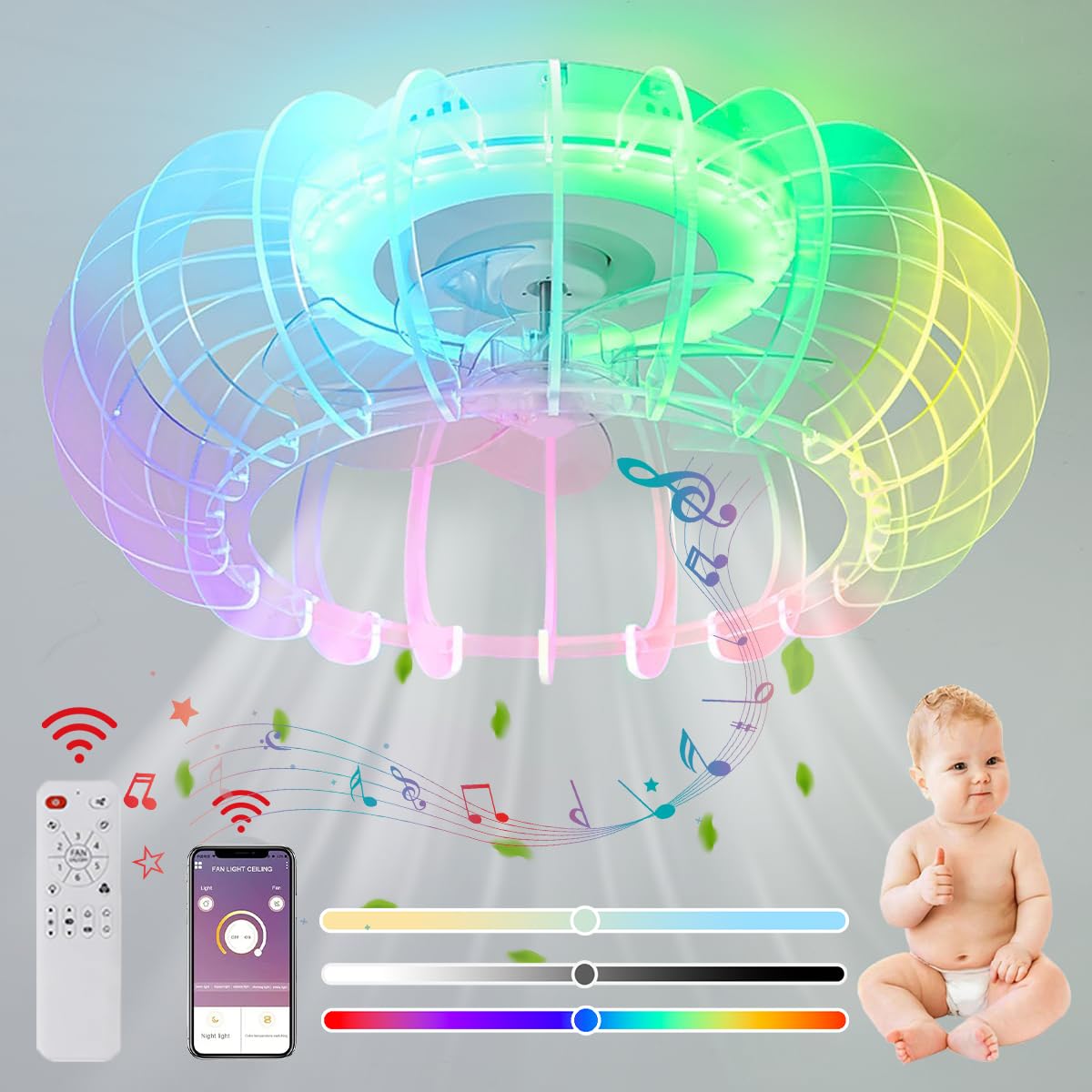 Ventilatore da soffitto silenzioso RGB con illuminazione, lampada da soffitto a LED con ventilatore e telecomando, dimmerabile, camera dei bambini, lampada con altoparlante Bluetooth, musica, lampada