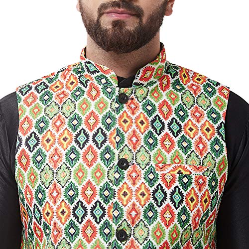 Image of SOJANYA (Since 1958 Men's Silk Blend Black Kurta Pyjama & Printed Nehrujacket Combo