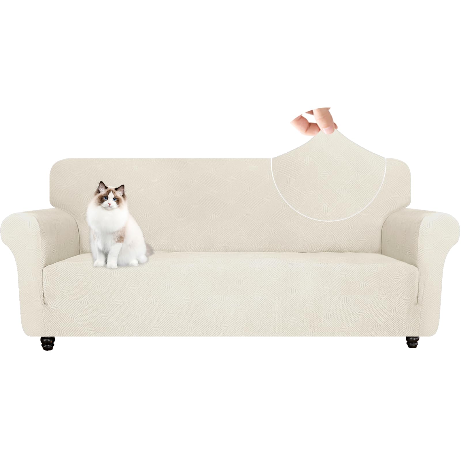 YSTELLAA Copridivano 3 Posti Con Braccioli, Copri Divano Antigraffio Gatto Cani, Copridivani Elasticizzati, Universale Fodera Divano Moderno, Sofa Cover Antiscivolo Antimacchia, Bianco Crema