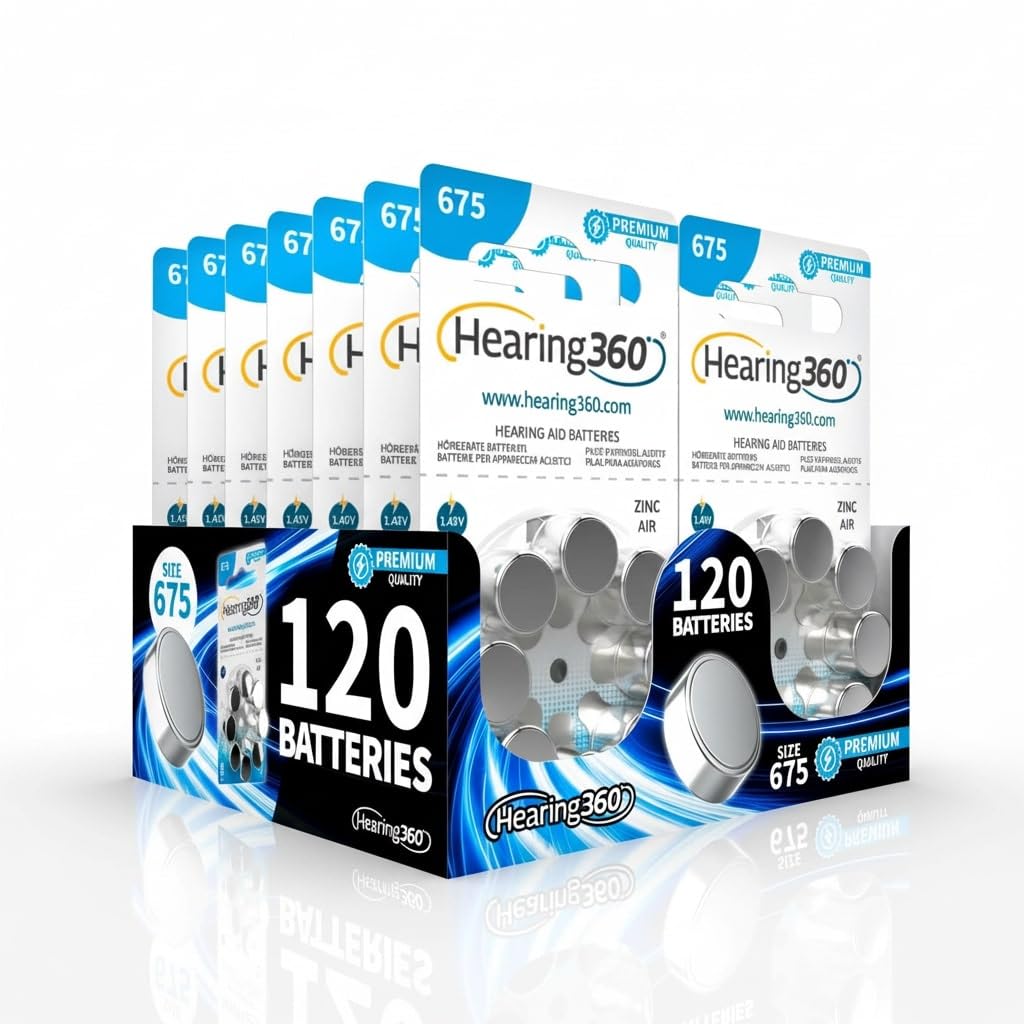 120 pilas para audífonos tamaño 675 calidad premium, duración extra, compatibles con todos los modelos, sin mercurio (15 blísteres de 8 pilas)