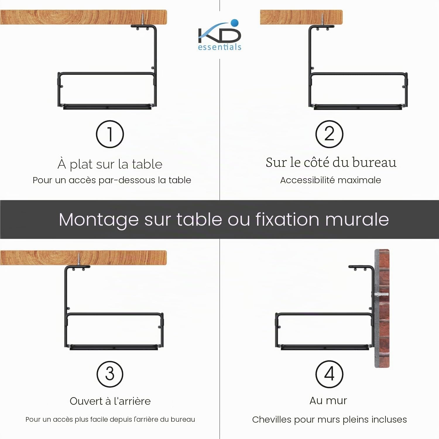 KD Essentials – Gestion de câbles sous Le Bureau | 2x set taille L, montage sécurisé avec des vis