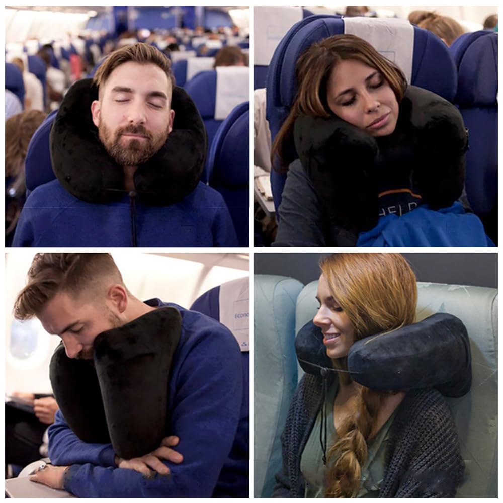 H-förmiges aufblasbares Reise-Nackenkissen mit Kapuze, 360° Unterstützung, abnehmbarer Wildleder-Kissenbezug für Flugzeug/Auto/lange Distanzen (160 g) (blau)