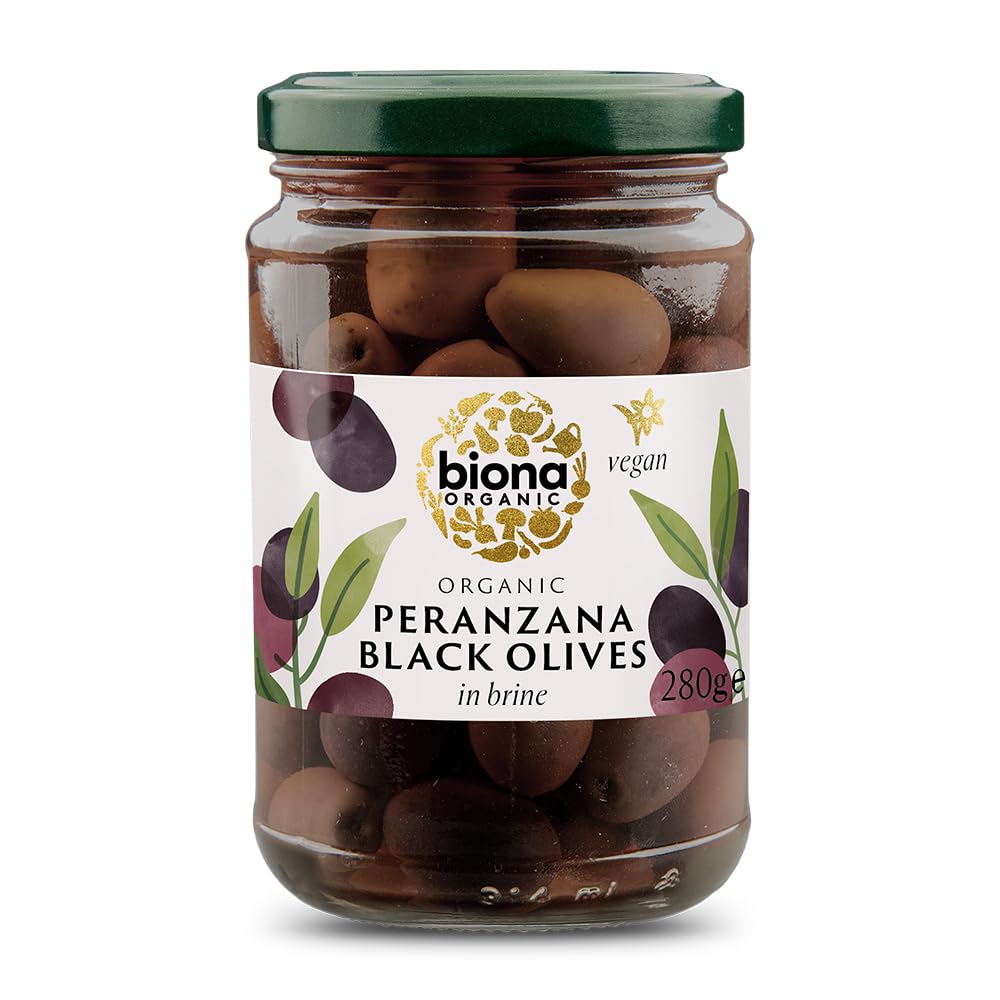 Biona Organic Peranzana Black Olives in Brine 280g, Pack of 5 - from The Peranzana Olive Variety - Carefully Handpicked with A Crisp & Crunchy Texture - Preserved in Brine - Suitable for Vegans