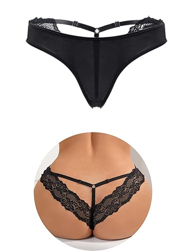 ohmydear Women Lace String Tanga Hollow Out Thong Plus Size Cheeky Panties Stretch Briefs Lace Underwear - Black - X-Large-XX-Large