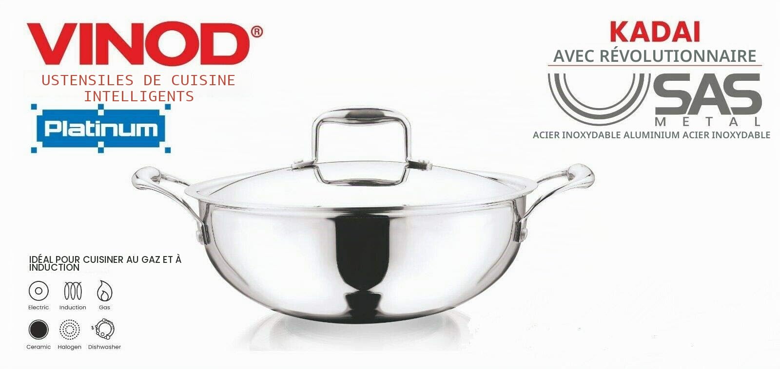 Vinod Kadai Platinum Extra profond pour la maison et la cuisine, 24 cm, 3,3 litres, acier inoxydable