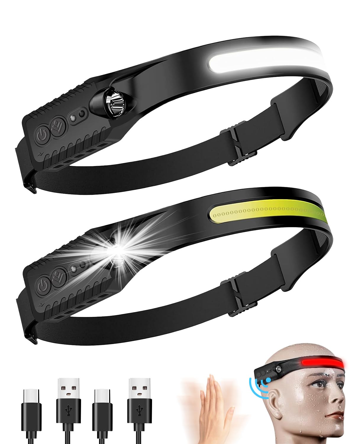 Zumhigh 2 Pack Head Torch Rechargeable with Battery Display, 7 Modes and Motion Sensor IPX4 Waterproof Headlamp with Warm Yellow COB Strip, Perfect for Camping, Hiking, Night Runs