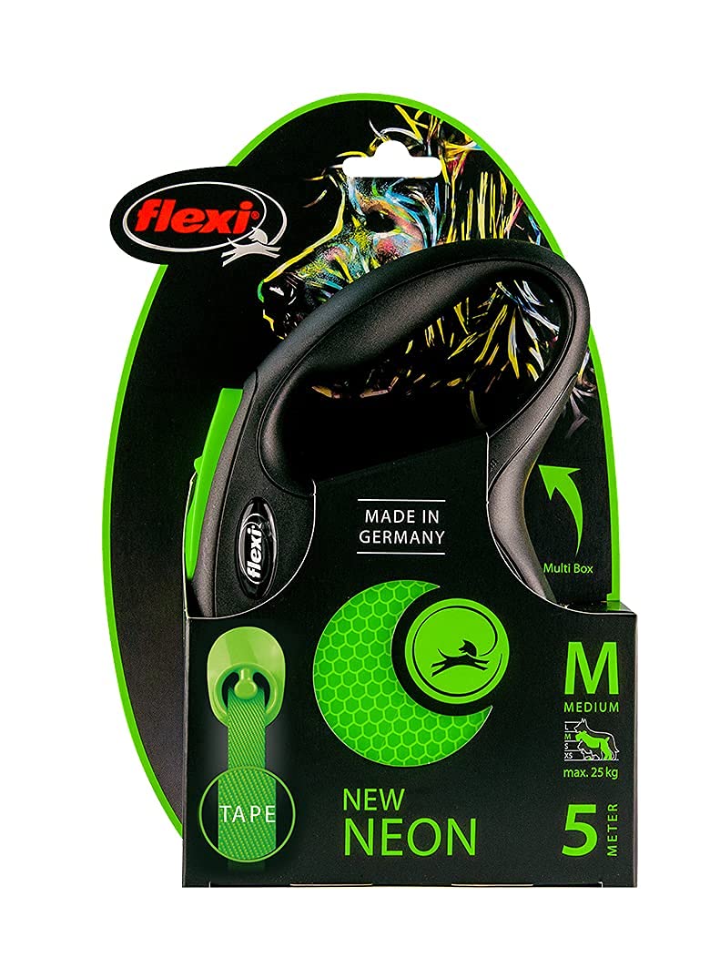 Flexi New Neon Tape Dog Leash, Retractable Dog Lead with One-Hand Brake System, Anti-Slip Grip Handle, Durable Tape Design for Small, Medium and Large Dogs, Green, Medium 4