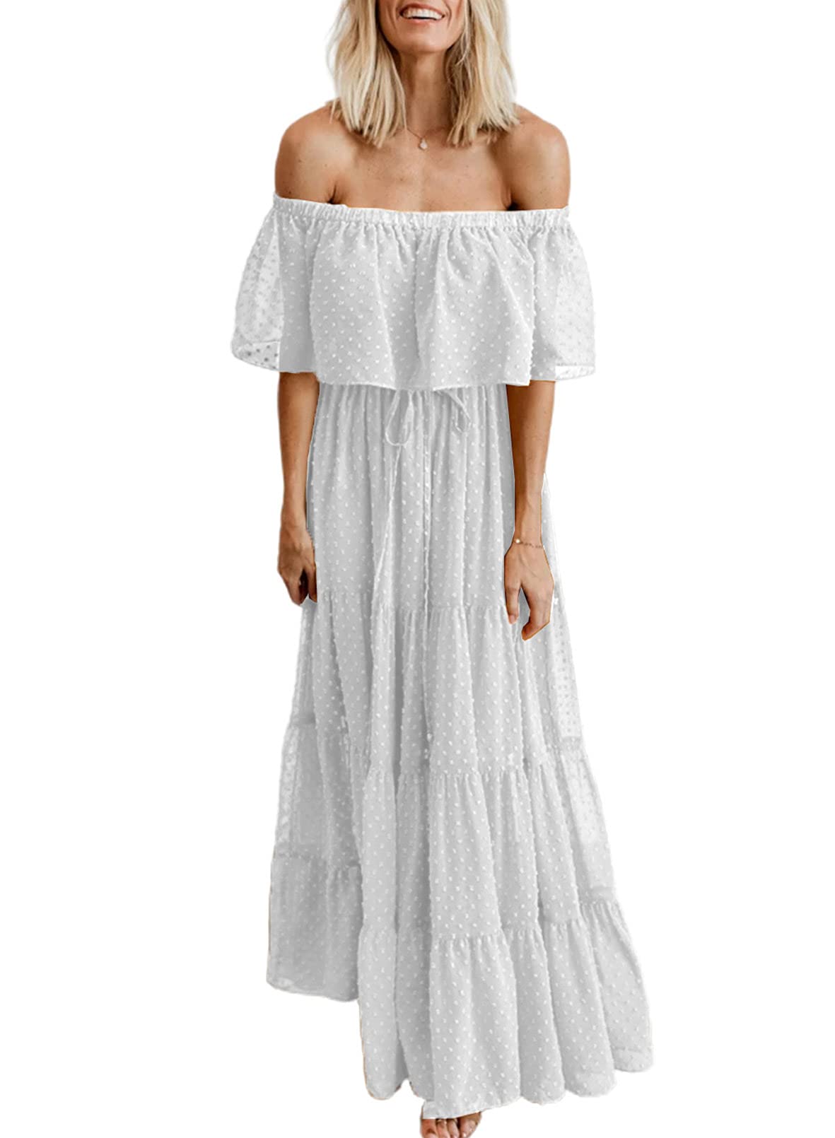 BLENCOT Womens Casual Floral Lace Swiss Dots Off The Shoulder Long Evening Dress Cocktail Party Maxi Wedding Dresses