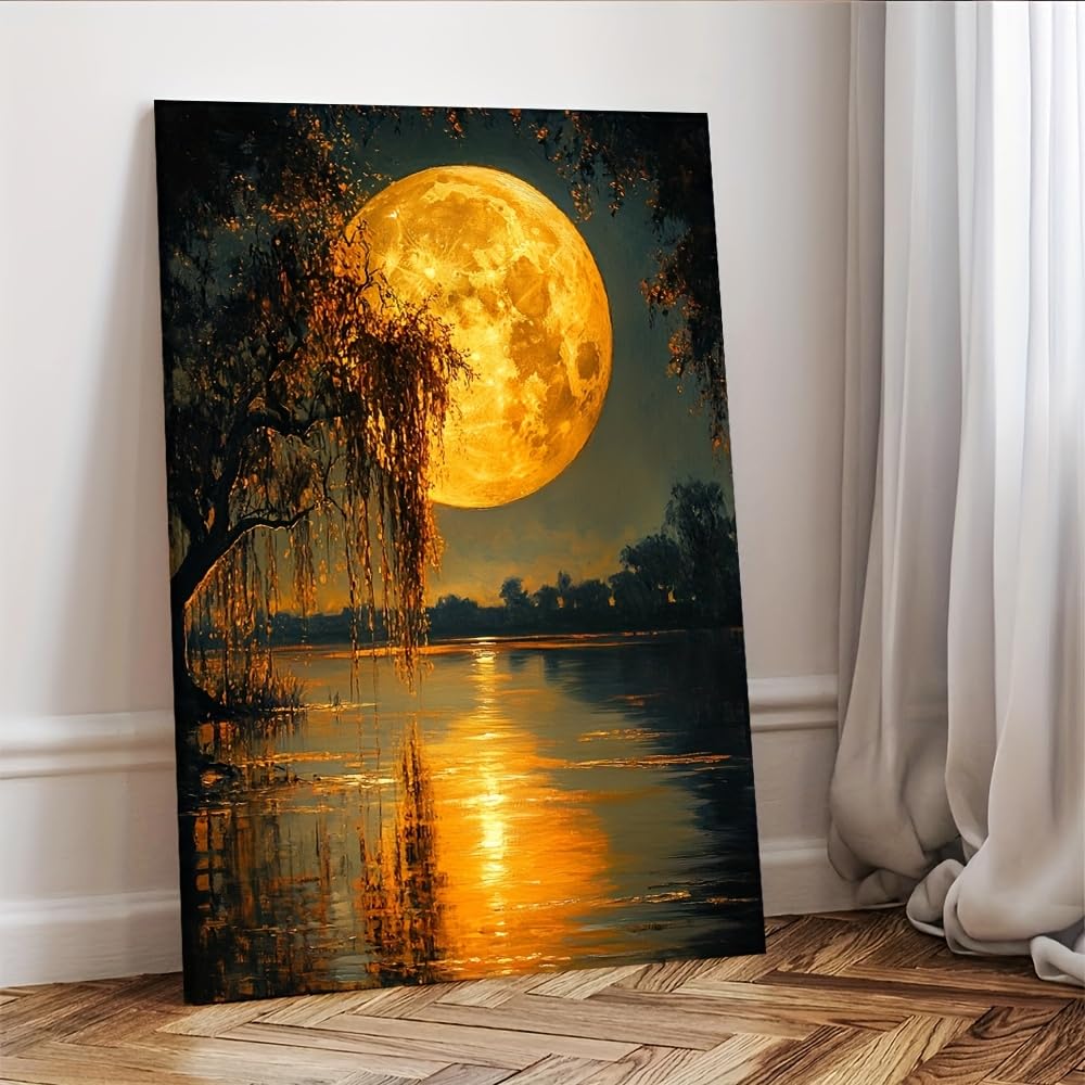 CWZBFEH Canvas Wall Art - Enchanted Willow Tree by Moonlit Lake with Mystical Golden Moon, Serene Nature Scene, for Living Room(35x45cm/No frame)