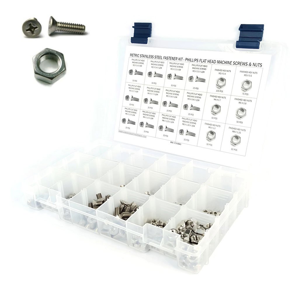 Metric Stainless Steel Phillips Flat Head Machine Screw Assortment Kit - 676 Pieces