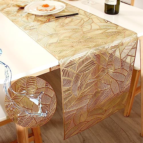 FAVE Chemin de Table en Vinyle imperméable et Lavable de 180 cm de Long – Résistant à la Chaleur – pour Salle à Manger, fête, Mariage (doré rectangulaire)