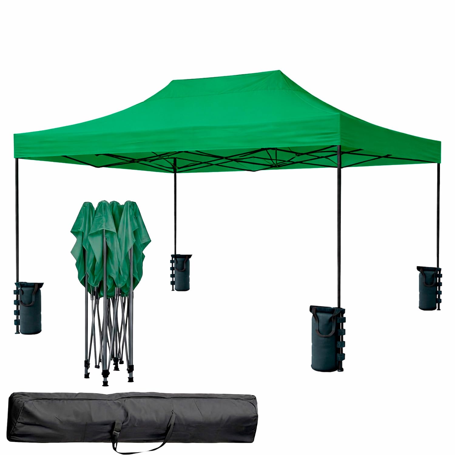Gazebo Professionale 3x4.5 M Richiudibile Automatico In Acciaio Con Telo Oxford 1200D PVC Impermeabile e Anti UV Struttura a Fisarmonica con Sacche Zavorra e Borsa Trasporto Sagre Feste (Verde)