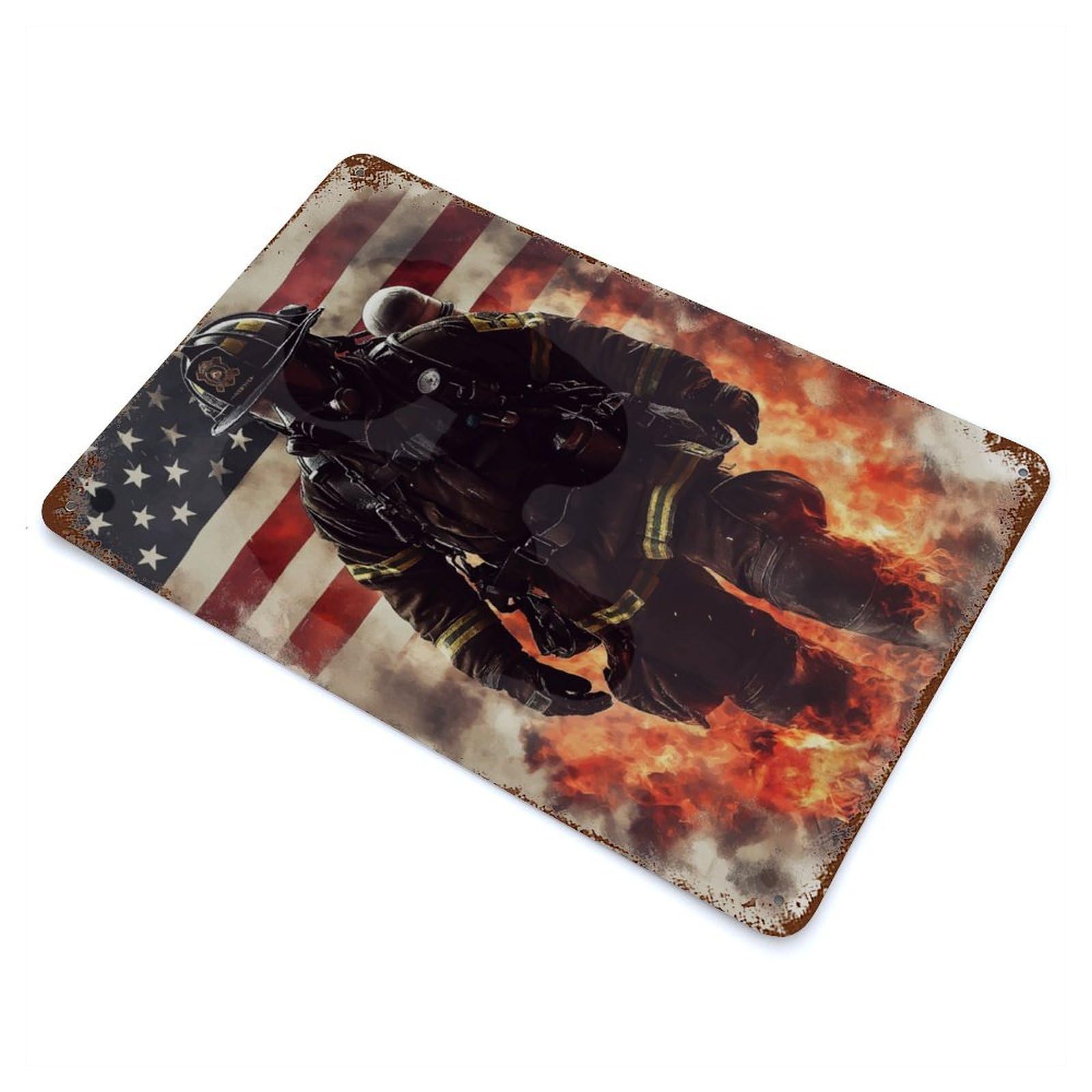 Garage Style Firefighter in Flames Distressed Metal Wall Sign 11.8"x7.9", Novelty Wall Decor for Bar And Workshop