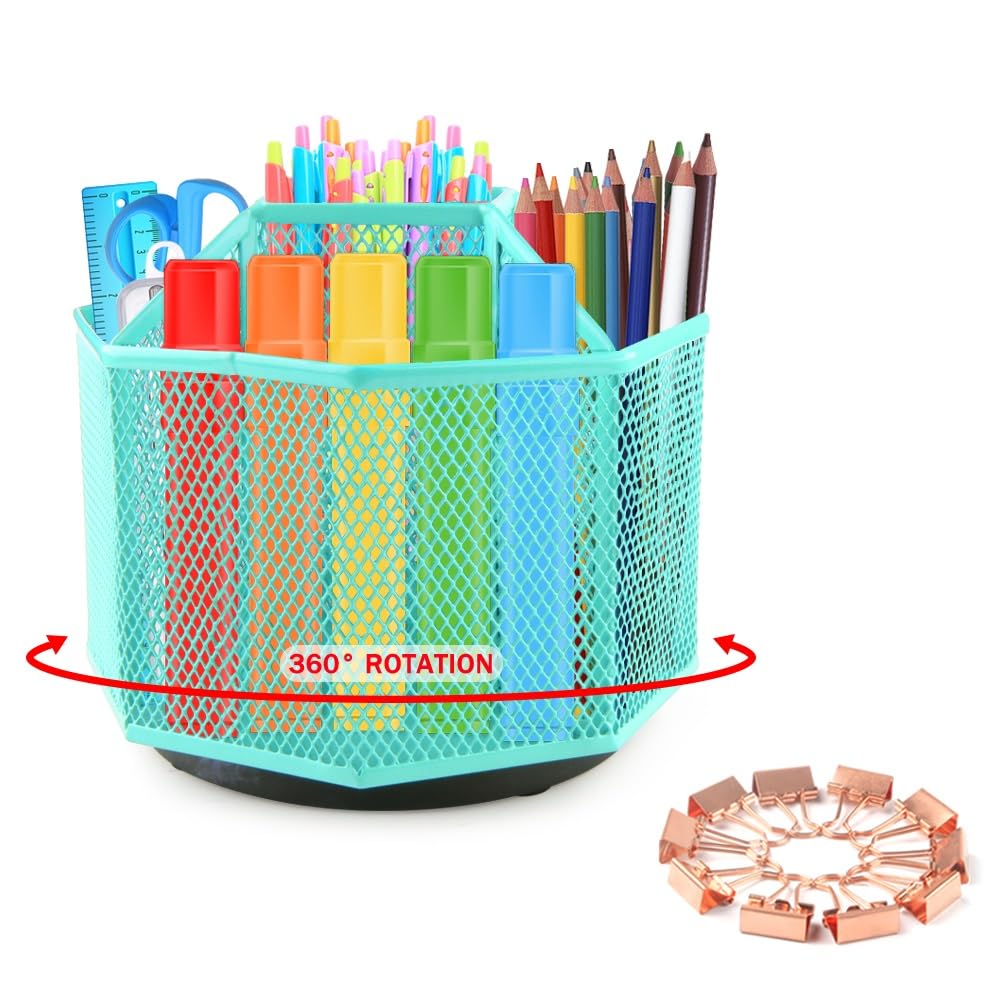 Geila Green - 5 Compartments Rotating Pencil Holder - Pen Holder For Desk - 360 Degree Rotating Pen Caddy Holders Desk Organizer With 5 Compartments - Mesh Desktop Stationary Organizer With 10 Clips (Green - 5 Compartments)