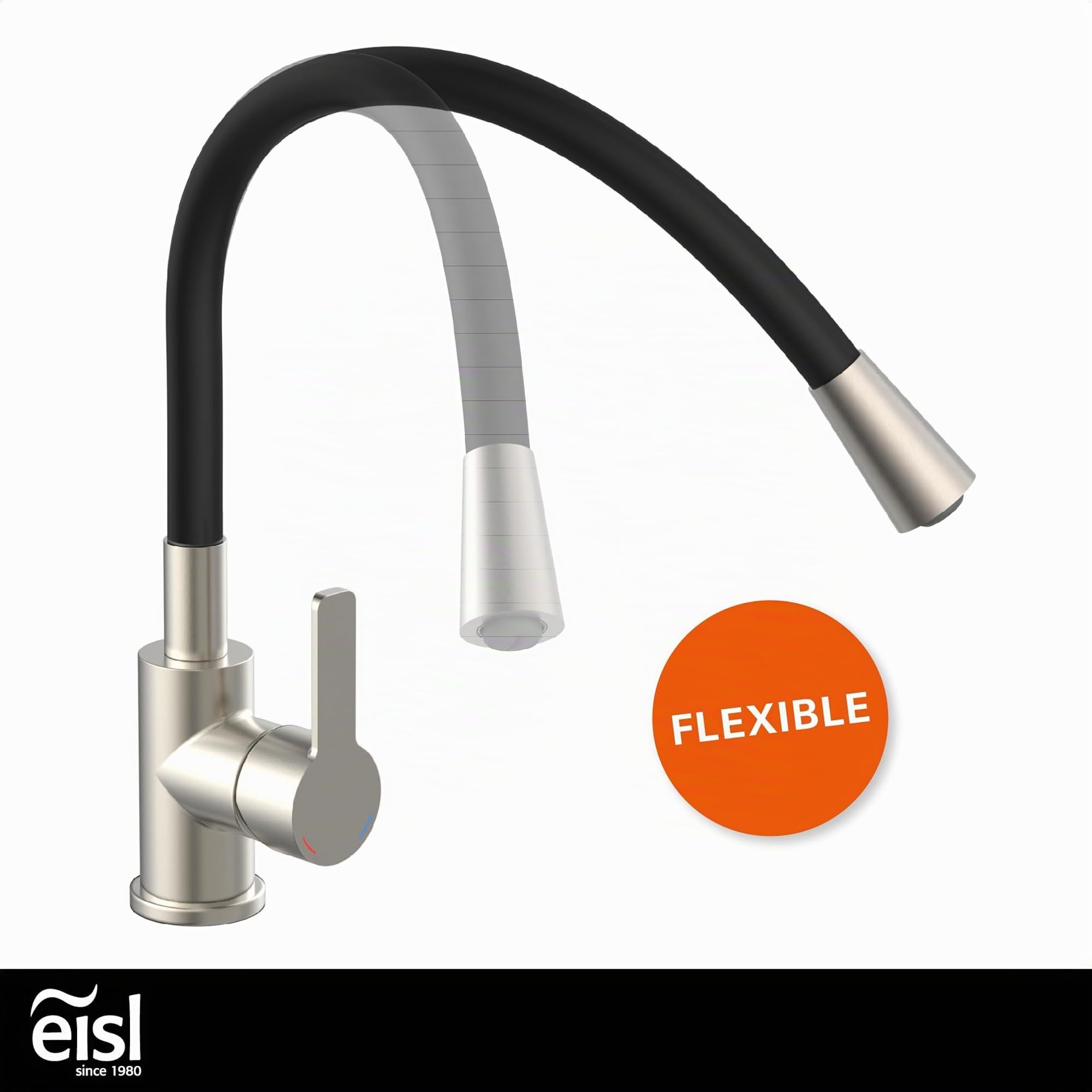 EISL Flexo NI186FLNIB Robinet d'évier de cuisine flexible en acier inoxydable/noir, bec haut avec tuyau doux au toucher, orientable à 360 degrés, économie d'eau