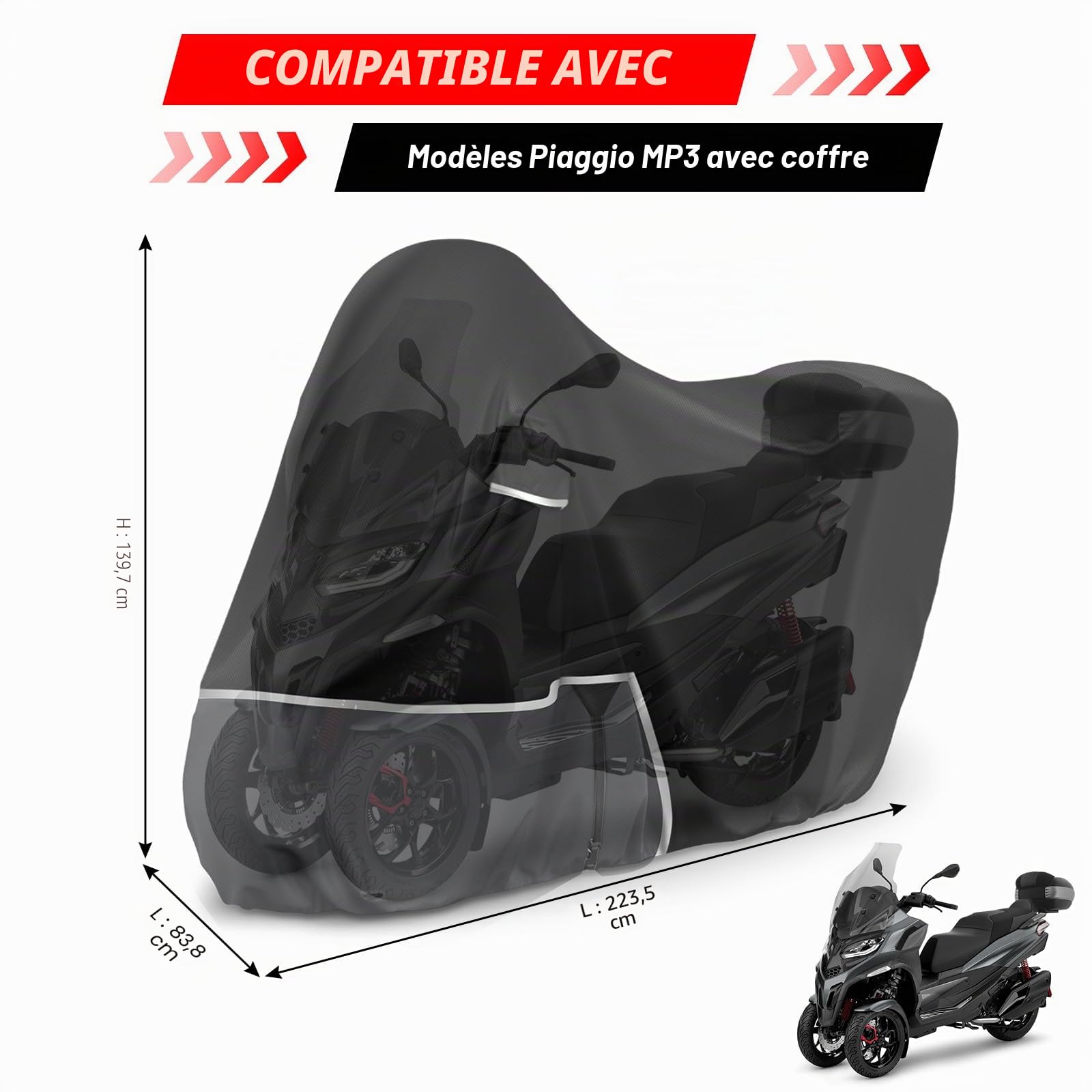 Bâche de Protection Moto, pour Piaggio mp3 400/500 (avec Coffre) | Housse mp3 400 Housse mp3 500 Protection imperméable, résistante à l'hiver, en Tissu Oxford 420D, Noir et Gris foncé