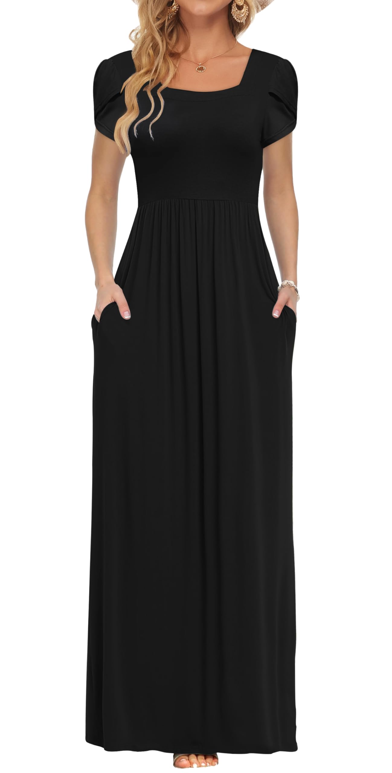 AUSELILY Women's Maxi Dresses with Pockets Petal Short Sleeve Square Neck Casual Long Dress 2026