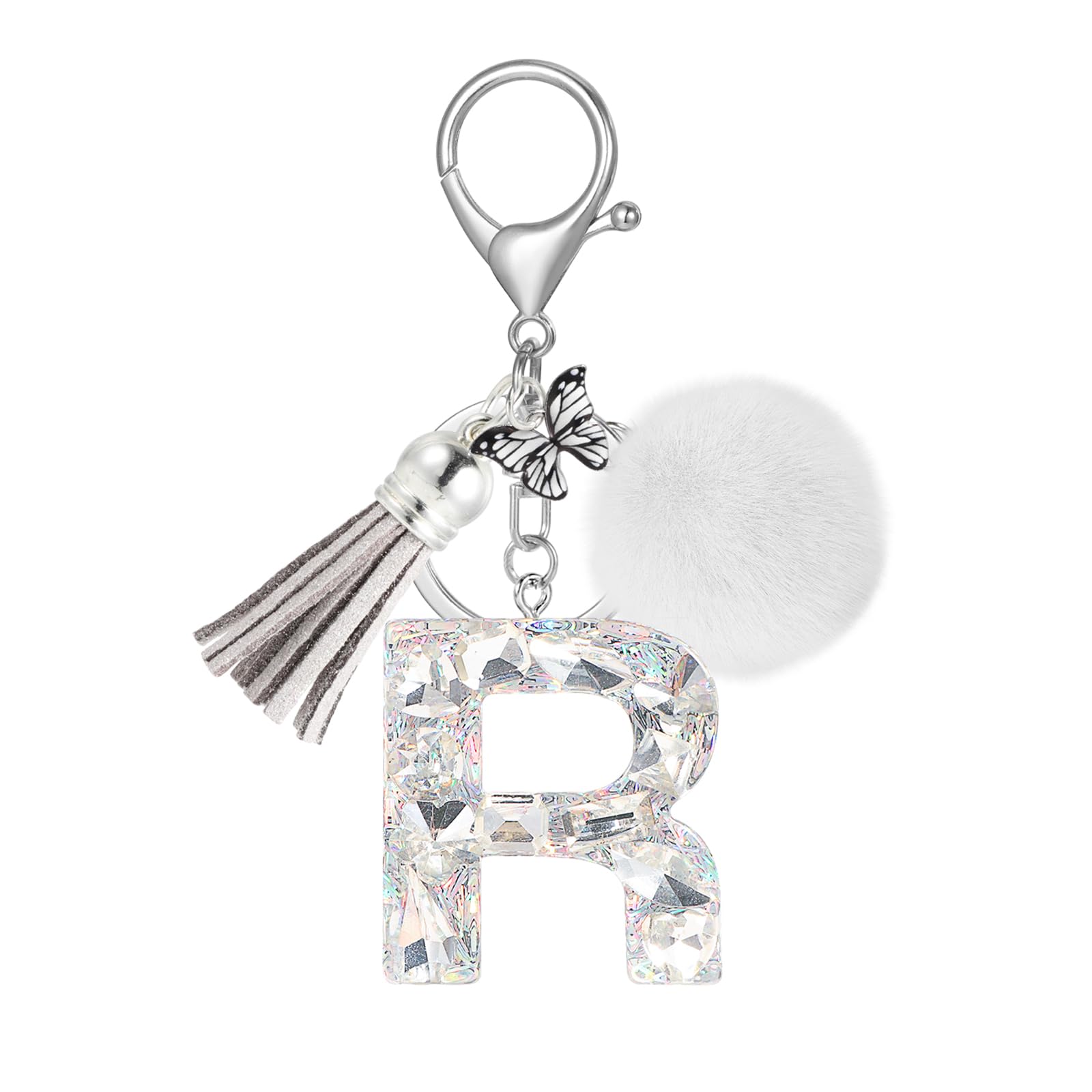 JSRQT Schlüsselanhänger Buchstaben Bling, Glitzernde Strass Alphabet Schlüsselanhänger für Auto Frauen, Schmetterlings Quasten Poms Anhänger, Mädchen Taschenanhänger