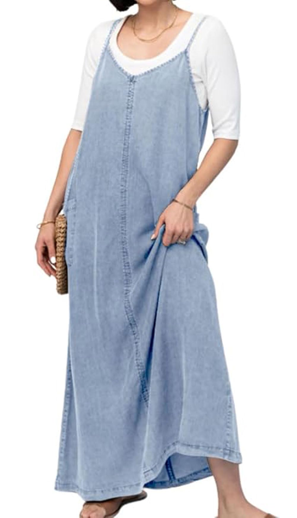 loveimgs Robe longue vintage en jean à bretelles spaghetti pour femme, robe d'été légère