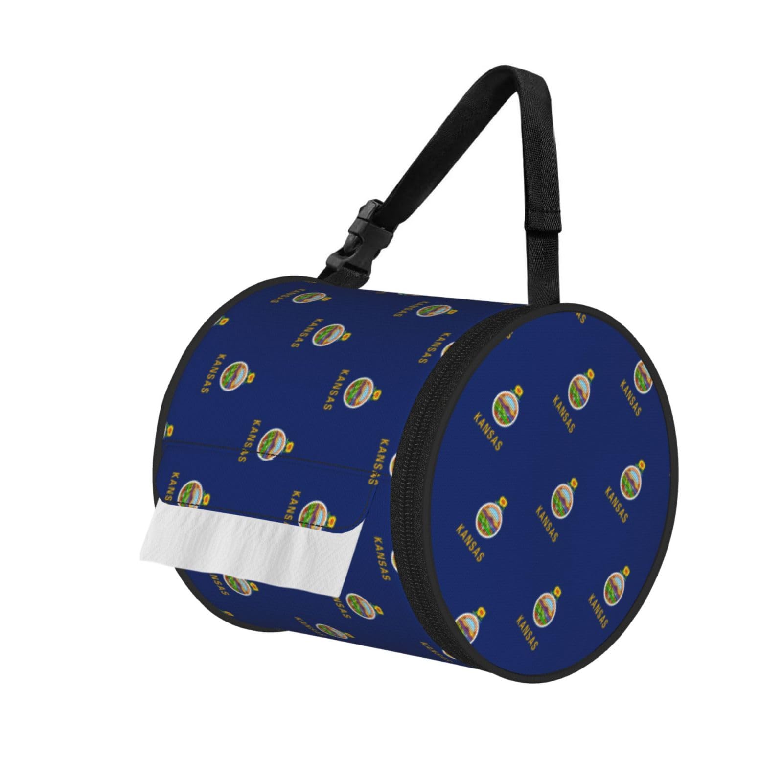 Kansas State Flag Print Round Paper Tissue Holder With Shoulder Strap, Portable Roll Case For Caravan Travel Use