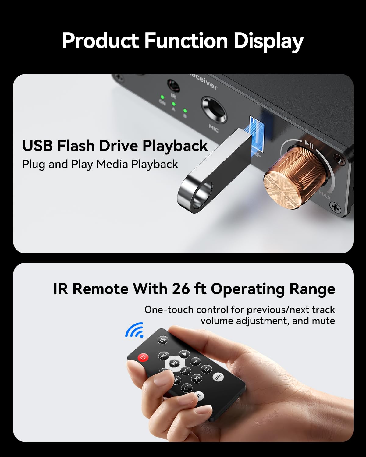 Receptor Bluetooth 6.0, inalámbrico Bluetooth de largo alcance, baja latencia para sistemas estéreo de transmisión de audio en casa, música, con AUX de 3.5 mm/RCA, reproducción de unidad flash USB y