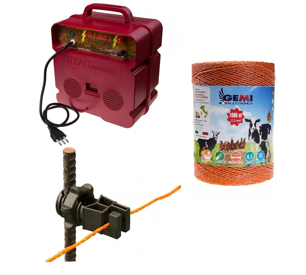 Recinto Elettrico Kit per Uso Professionale con 1 x Elettrificatore 220V + Filo 1000 MT 2.2 Mm² + 200 isolatori per Pali in Ferro - Recinzione Elettrificata per Pecore Galline Mucche maiali Volpi