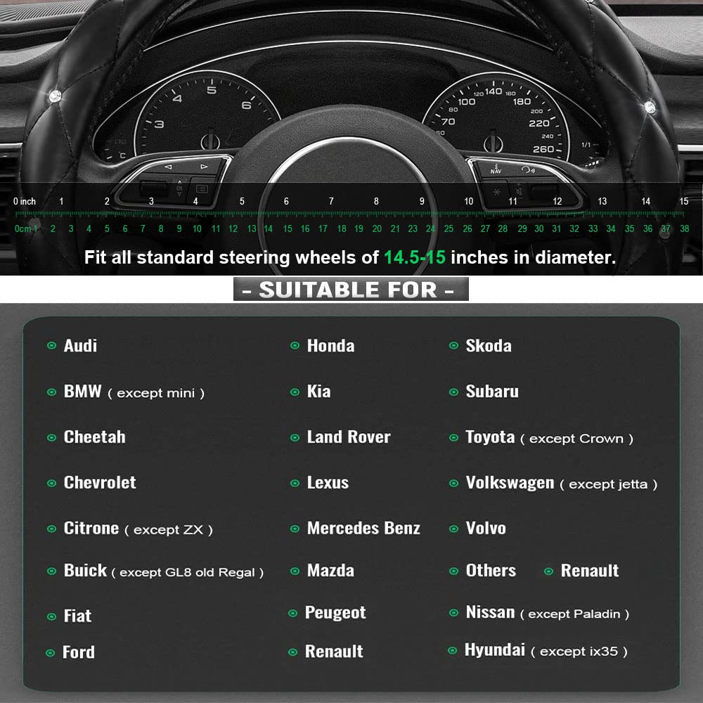 Xizopucy Diamond Leather Bling Steering Wheel Cover, Universal Car Steering Wheel Protector with Crystal Rhinestones Anti-Slip Soft Interior Accessories for Women and Girl Fit 15 inch -Black