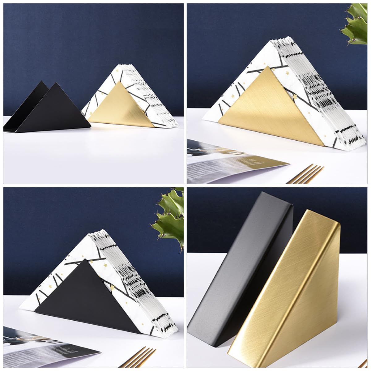 Servilleteros de Mesa de Acero Inoxidable 2 Unidades, Soporte Triangular Metálico Negro y Dorado, para Cocina, Restaurante y Cafetería, Dispensador Servilletas de Papel Resistente