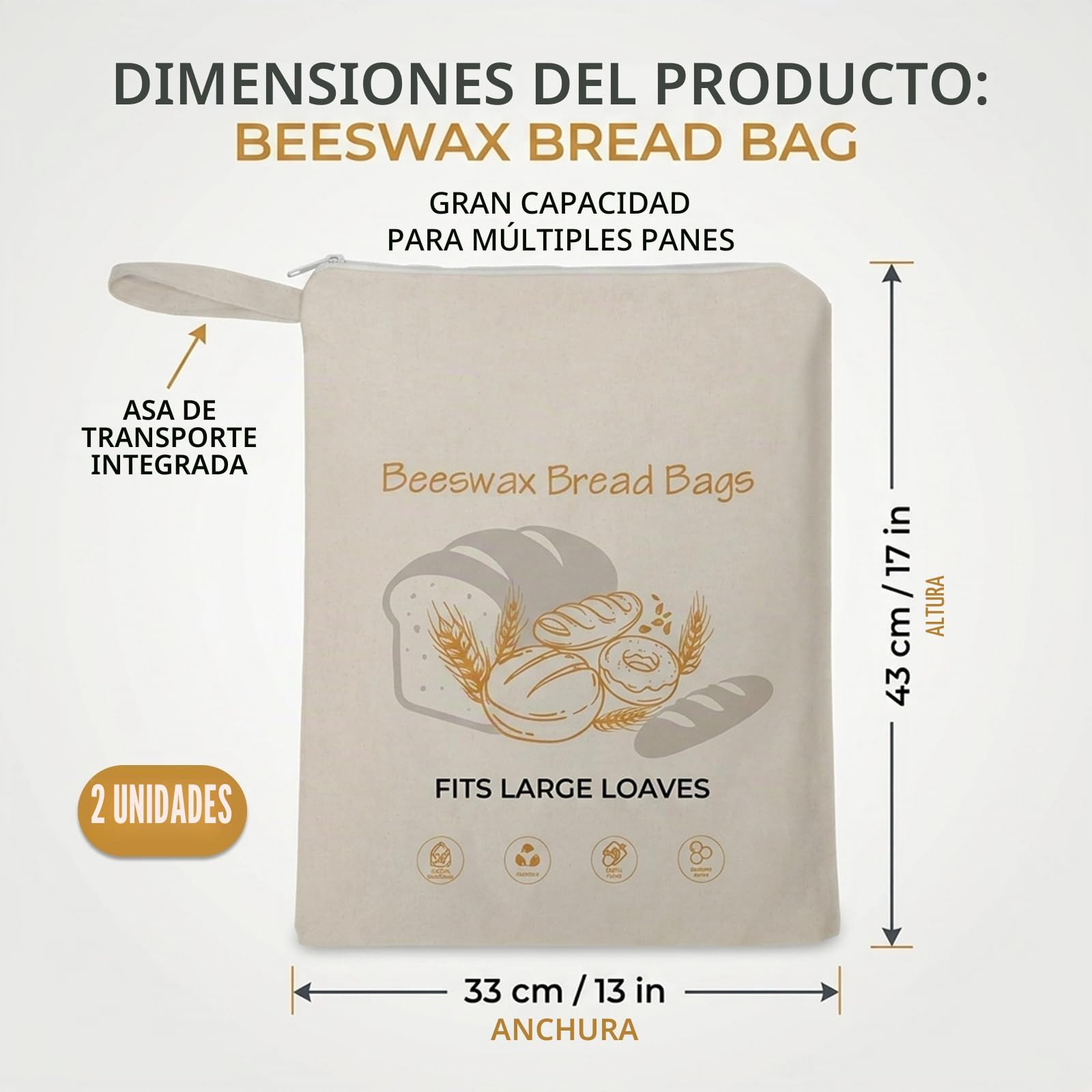 Bolsa para Pan con Cera de Abeja, Bolsas Reutilizables de Almacenamiento con Cremallera y Asa, Algodón Natural para Pan Casero y de Masa Madre (Pack de 2, 33x43cm)
