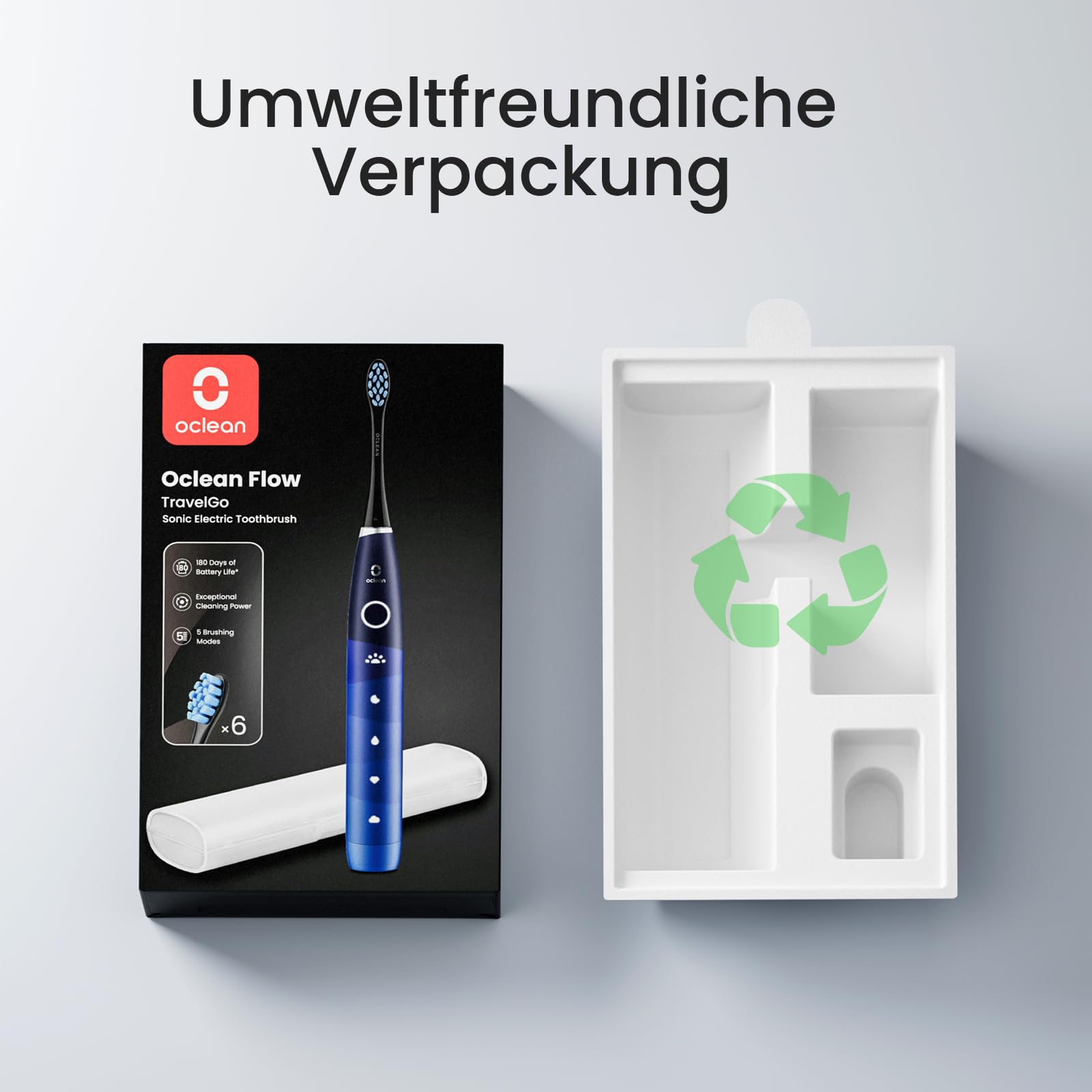 Oclean Elektrische Zahnbürste TravelGo Flow Gift Set, 180 Tage Akkulaufzeit Schallzahnbürste mit Reiseetui, 5 Modi Electric Toothbrush mit 6 Bürstenköpfen für Zahnreinigung, Zahnbürste mit USB, Blau