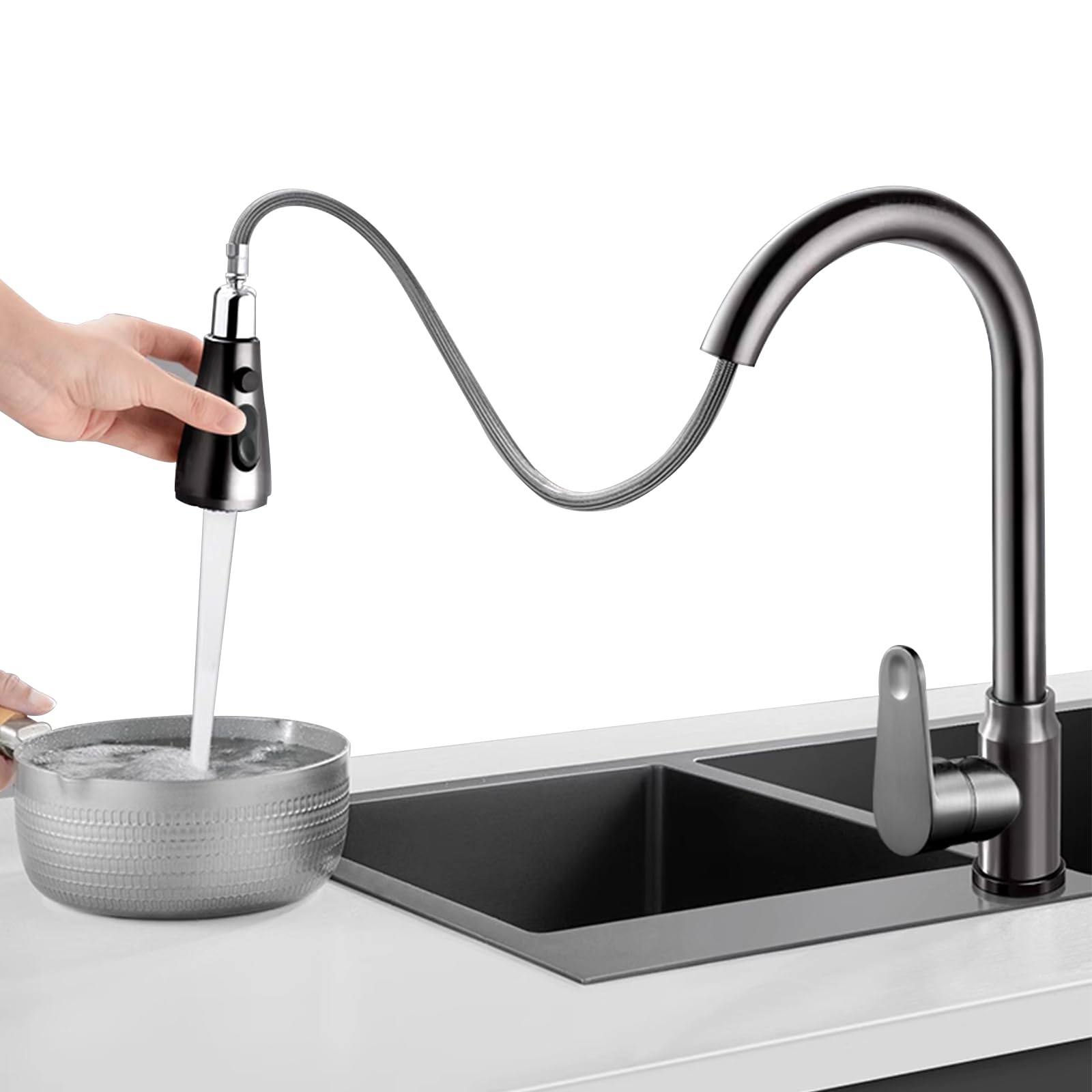 Robinet cuisine douchette extractible 80 cm et mitigeur évier arc élevé design noir