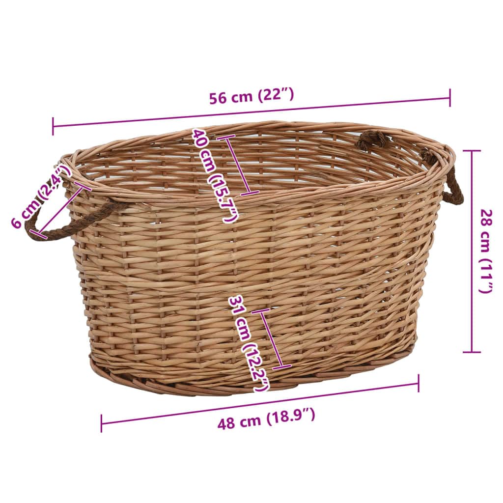 Cesta de madera con asas de mimbre natural, 56 x 40 x 28 cm, versátil soporte para leña y soporte para leña para chimenea, terraza, jardín, interior y exterior