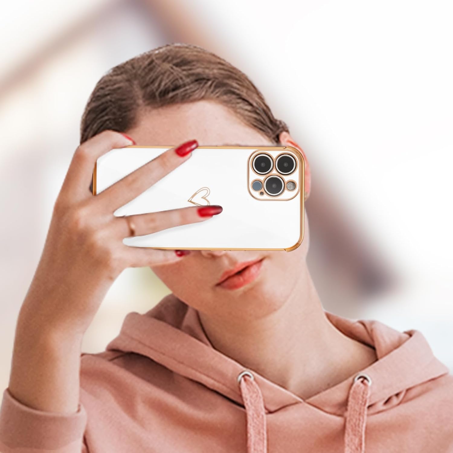 ZTOFERA Compatible with iPhone 15 Pro Max (6.7") Case for Girls Women, Flexible Silicone Protective Phone Case with Cute Love Heart Pattern Gold Edging Shockproof Bumper Cover, White 6 61SzDytZ+TL. AC SL1500