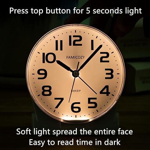Miniatura 5 de Reloj despertador analógico sin tictac de 4.5 pulgadas, lectura silenciosa para personas mayores, fácil de configurar, alarma de aumento gradual,